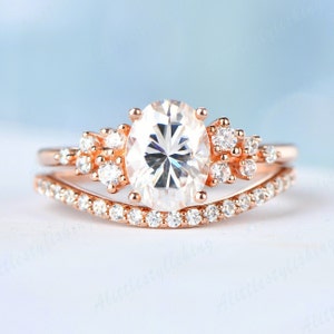 18K Rose Gold Moissanite Engagement Ring Set, Oval Moissanite Wedding Ring Set, Vintage Moissanite Bridal Jewelry for Women, Nesting Band