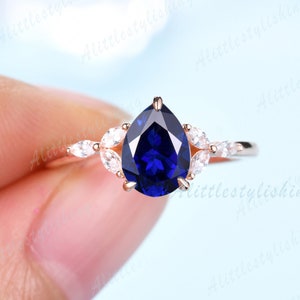 Vintage Pear Blue Sapphire Engagement Ring Rose Gold Art Deco Marquise Moissanite Wedding Ring Unique Woman Bridal Promise Anniversary Ring