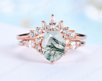 Vintage Aquatic agate rings moss agate bridal set rose gold flower agate wedding promise ring for women marquise cut moissanite ring set