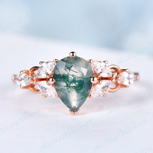 Unique Moss Agate Engagement Ring Pear Shaped Ring Green Agate Engagement Ring Marquise Cut Moissanite Band Anniversary Promise Ring Gift
