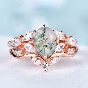 Oval Moss agate engagement ring Vintage Rose gold engagement ring Marquise Leaves Cluster Ring Unique Bridal Wedding Anniversary Promise Set