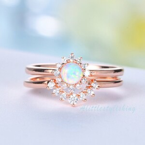 Opal Rings for Women, Opal Engagement Ring Rose Gold, Dainty engagement ring set, Wedding ring set, Curved Wedding Bridal Promise Ring set