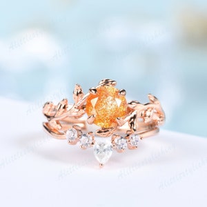 Vintage Sunstone Promise Ring Set Unique Rose Gold Sunstone Engagement Ring Pear Round Cut Moissanite Tiara Wedding Band Twig Stacking Rings