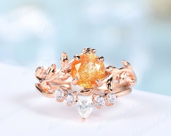 Vintage Sunstone Promise Ring Set Unique Rose Gold Sunstone Engagement Ring Pear Round Cut Moissanite Tiara Wedding Band Twig Stacking Rings