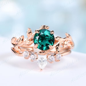 14K Rose Gold Emerald Ring Set Vintage Emerald Engagement Rings for Women Nature Inspired Ring Green Emerald Leaf Wedding Bridal Ring Set