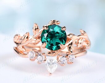 Juego de anillo de esmeralda en oro rosa de 14 quilates, anillos de compromiso de esmeralda vintage para mujer, anillo inspirado en la naturaleza, juego de anillo de boda con hoja de esmeralda verde