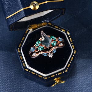 Vintage Emerald Moss Agate Engagement Ring 14K Rose Gold Emerald Ring Marquise London Blue Topaz Wedding Ring Set Unique Leaf Cluster Ring