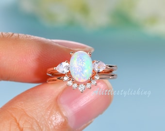 Rose Gold Opal Engagement Rings Opal Wedding Ring Opal Unique Rose Engagement Ring Oval Opal rings for women Crown Moissanite wedding rings