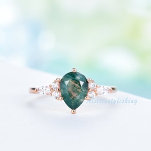 Pear Shape Moss Agate Engagement Ring Rose Gold Vintage Green Moss Agate Ring Marquise Moissanite 7 Stone Ring for Women Art deco Jewelry