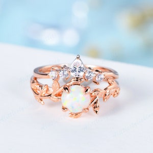 Opal Rings for Woman Opal Engagement Ring Vintage Inspired Leaf Opal Wedding Ring Set Antique Twig Rose Gold Bridal Set Anniversary Gifts