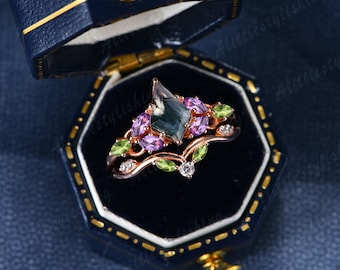 Vintage Amethyst Ring, Kite Cut Moss Agate Engagement Ring, Marquise Peridot Ring, Moissanite Wedding Ring Set, 14K Rose Gold gifts for her