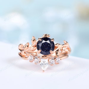 Blue Sandstone Engagement Rings for Women Vintage Engagement Ring Set Rose Gold Ring Set Twig Vine Bridal Set Leaf Anniversary Ring Set