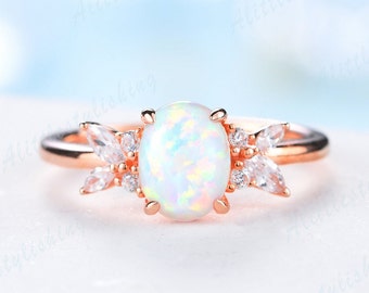 Opal Engagement Ring for Woman Rose Gold Opal Moissanite Ring Oval Opal Ring Unique Vintage Opal Wedding Bridal Promise Anniversary Ring