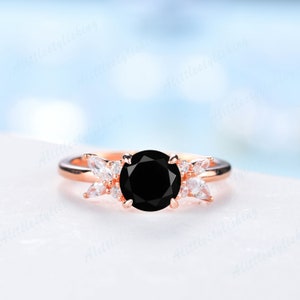 18K rose gold black onyx engagement ring, vintage floral wedding ring, moissanite onyx promise ring, December birthstone, bridal ring