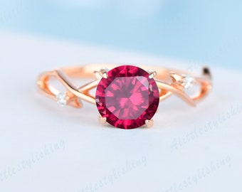 Anello di fidanzamento con rubino autentico, anello di promessa con pietra preziosa rossa unica, anello di forma rotonda, pietra portafortuna di luglio, regalo per lei, anelli statement in oro rosa 14k