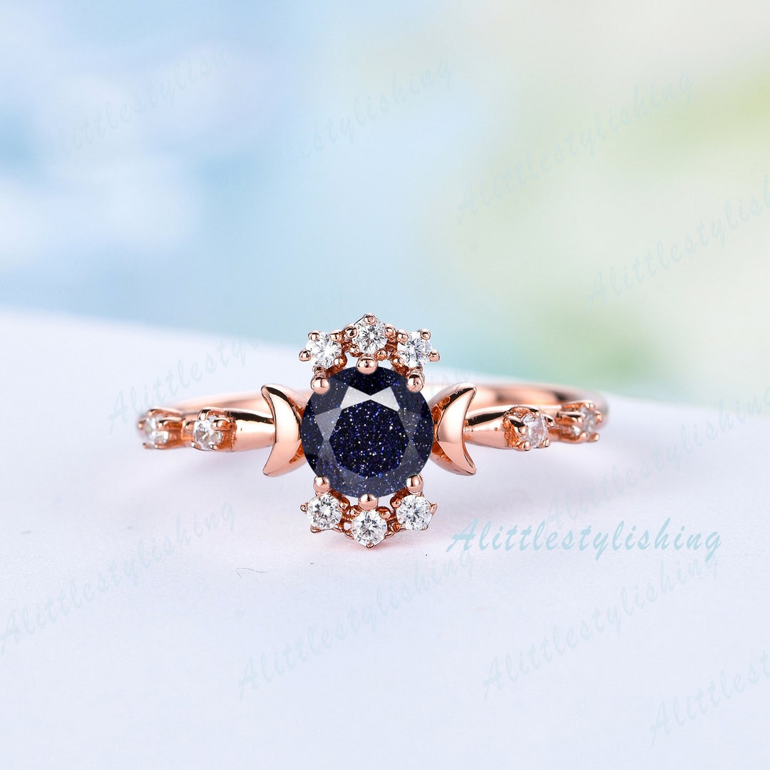 Unique Star Blue Galaxy Ring Rose Gold Blue Sandstone Engagement Ring