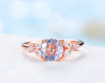 Moonstone Engagement Ring Rose Gold Vintage Engagement Ring Marquise Moissanite Art deco 7 Stone Ring Bridal Anniversary Promise Ring