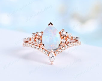 Pear Cut Opal Rings for Woman Rose Gold Opal Engagement Ring Vintage Moissanite Promise Ring Marquise Curve V Wedding Band Stack Bridal Set