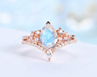 Ensemble de bagues de promesse avec pierre de lune arc-en-ciel taille poire bague de fiançailles vintage alliance délicate bague de mariage moissanite en or rose