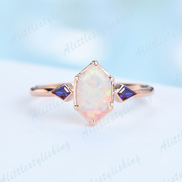 Long Hexagon Opal Engagement Ring White Fire Opal Wedding Ring Kite Shape Sapphire Ring Three Stone Promise Ring Anniversary Gift for Her