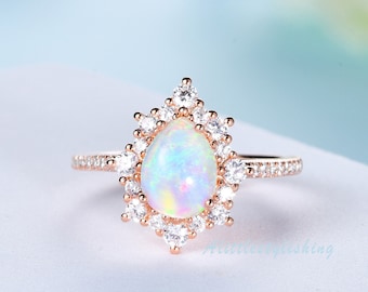 Vintage Opal Engagement Ring Rose Gold Pear Shape Opal Ring Unique Moissanite Cluster Halo Wedding Eternity Band Stacking Promise Ring 14K