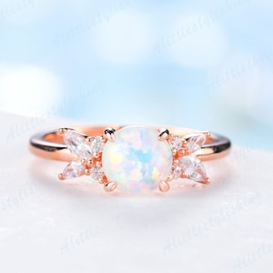 Opal Engagement Ring Flower Rose Gold Fire Opal and Moissanite Ring Vintage Opal Ring for Woman Wedding Promise Bridal Ring Anniversary Gift