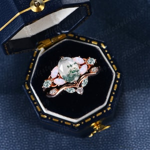 Art Deco Oval Cut Natural Green Moss Agate Engagement Ring Set Unique 14k Rose Gold Marquise Opal Leaf Vine Twig Branch Nature Inspired Ring