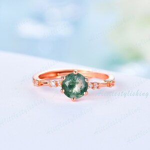 Rose Gold Moss Agate Engagement Ring, Green Moss Agate Ring Art Deco Ring, Vintage Woman Dainty Bridal Promise Ring Anniversary Gift for her