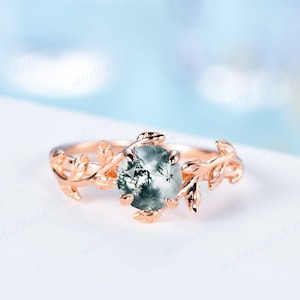 Rose Gold Moss Agate Engagement Ring Unique Leaf Branch Wedding Ring Vintage Engagement Ring for Woman Antique Promise Ring Anniversary Gift