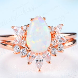 Opal Engagement Ring Set Vintage Opal ring for Woman Unique Curve Wedding Band Marquise Moissanite Opal Wedding Bridal Promise Set Rose Gold