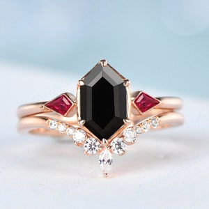 Kite Shape Ruby and Hexagon Cut Black Onyx Engagement Ring Rose Gold Vintage Moissanite Stackable Rings Unique Curve Marquise Wedding Band