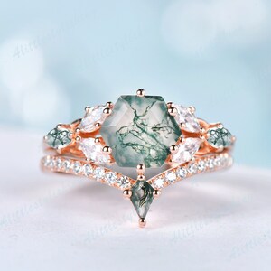 Moss Agate Ring Set Hexagon Cut Aquatic Agate Rings Natural Inspired Wedding Ring Set Marquise Kite Shaped Agate Moissanite Promise Ring Set