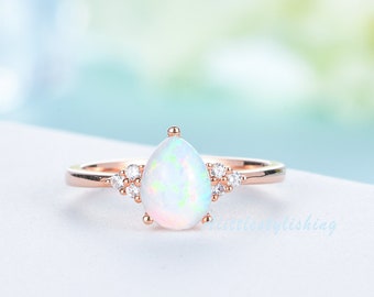 Opal Engagement Ring Pear Shape Opal Ring Seven Stone Ring Unique Opal Wedding Ring Opal Solitaire Ring Dainty Bridal Promise Ring Rose Gold