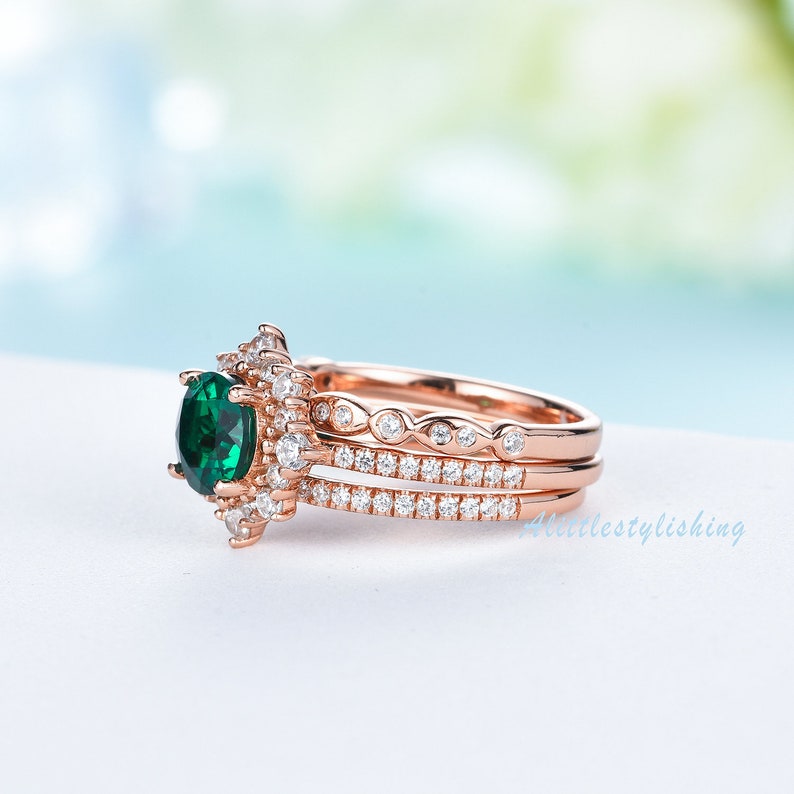 Emerald engagement ring set rose gold 10K/14K emerald ring vintage may birthstone ring moissanite wedding ring 3pcs bridal ring set image 7