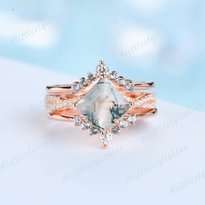Ensemble de bagues de fiançailles vintage, Ensemble de bagues en agate mousse taille princesse, Ensemble d&#39;alliances en or rose avec Alexandrite, Alliances courbe en V, Ensemble de bagues torsadées
