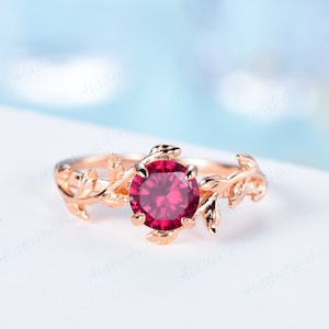 Ruby Twig Ring Unique Leaf Red Ruby Engagement Ring Rose Gold Solitaire Ring for Woman Vine Wedding Ring Antique Promise Anniversary Gift