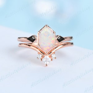 Art Deco Long Hexagon Opal Wedding Ring Set Kite Cut Black Onyx Ring Three Stone Engagement Rings For Women Unique Anniversary Gift For Her