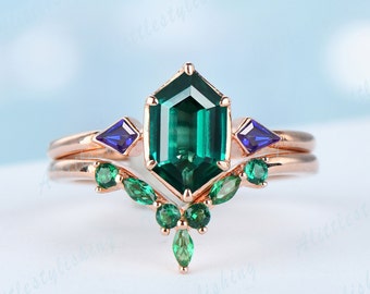 Hexagon Emerald Engagement Ring Set, Art Deco Rose Gold, Kite Sapphire Accents