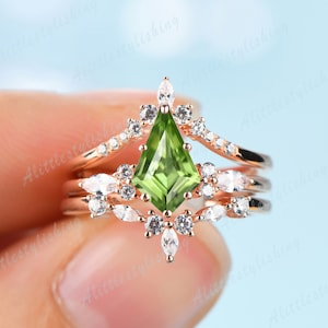 Unique peridot engagement ring, three ring bridal ring set, kite cut wedding ring set, curve wedding band woman promise ring, 18K Rose Gold