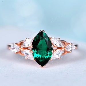 Vintage Marquise Cut Emerald Ring Rose Gold Emerald Engagement Ring Moissanite Cluster Wedding Promise Ring Art Deco Ring Anniversary Gift