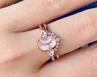 Rose Quartz Bridal Set Unique Oval Rose Quartz Engagement Ring 18K Rose Gold Three Stone Ring Moissanite Stack Curve Wedding Band Ring Set