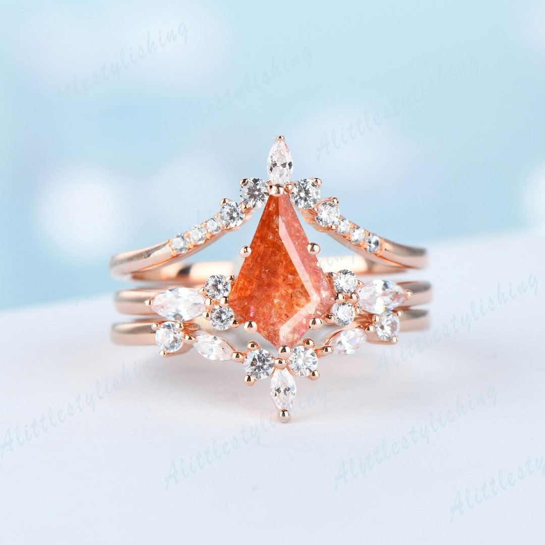 3pcs Bridal Set Kite Cut Sunstone Engagement Ring Set 14k - Etsy