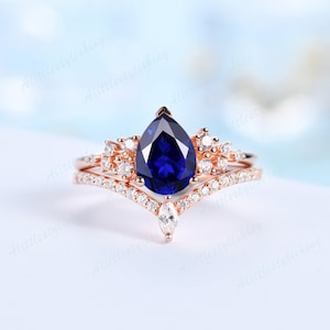 Sapphire promise ring set vintage sapphire engagement rings for women wedding ring set blue gemstone bridal set rose gold white gold