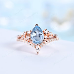Aquamarine wedding ring set vintage moissanite aquamarine engagement ring yellow gold pear shape aquamarine ring white gold rose gold set