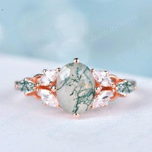 Bague de fiançailles en agate aquatique, pierres précieuses vertes, alliance en moissanite Art déco, coupe ovale, bague en agate mousse naturelle pour femme, bague de promesse de mariée