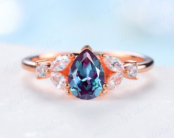 Alexandrite bridal ring, pear cut alexandrite engagement ring, marquise art deco wedding ring, rose gold promise ring anniversary gift