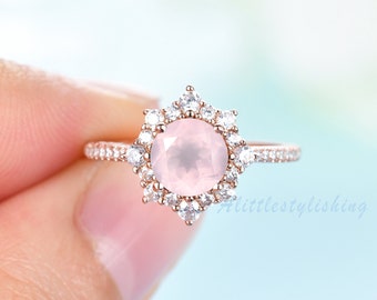 Round Rose Quartz Floral Engagement Ring Moissanite Halo Wedding Bridal Ring in 14K Rose Gold 10K Yellow Gold 18K White Gold