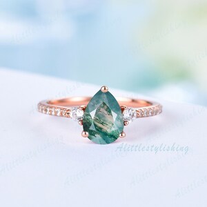 Moss agate diamond ring rose gold moss agate engagement ring vintage moss agate ring art deco moissanite wedding band bridal promise jewelry