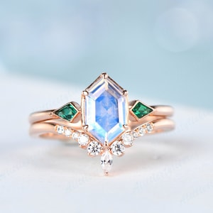 Rose Gold Moonstone Engagement Ring Dainty Gold Emerald Set May Birthstone Cluster Ring Moissanite Bridal Ring Promise Ring Anniversary Gift