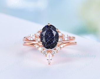 Blue Sandstone Engagement Wedding Ring Set Vintage Oval Cut Blue Sandstone Galaxy Ring Unique Curve Wedding Band Rose Gold Stack Bridal Set